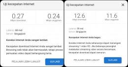 Tangkapan layar | (kiri) kecepatan wifi rumah (kanan) kecepatan jaringan 3. Tes ini dilakukan pada waktu yang bersamaan 😂