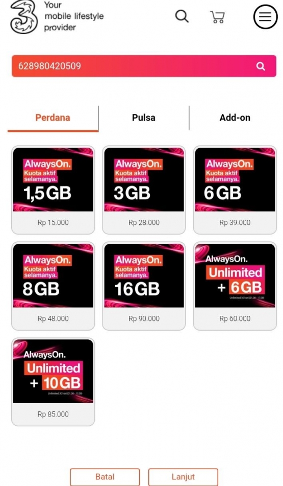 Daftar Kuota yang bisa anda pilih (https://tri.co.id/).