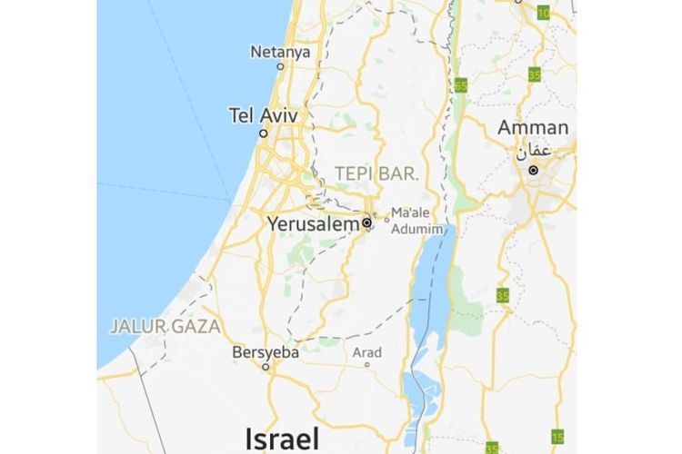 Tangkapan layar dari Google Maps. Wilayah negara Palestina yang dianggap batas-batas yang disengketakan ditandai dengan garis abu-abu putus-putus.(KOMPAS.com/Arum Sutrisni Putri)
