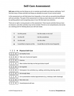 Self-care Assessment 1. Sumber: TherapistAid.com