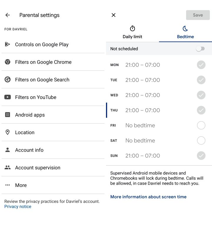Pengaturan Aplikasi, Pemakaian Waktu Harian dan Waktu Tidur Dalam Aplikasi Google Family Link | Dok. Pribadi