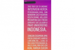 Instastory seorang yang mengaku fresh graduate lulusan Universitas Indonesia sempat viral (Kompas.com)