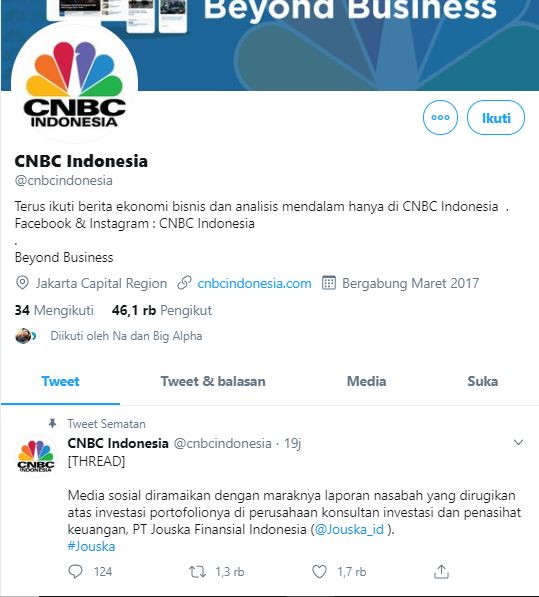 Pemberitaan Jouska oleh CNBC di twitter | sumber: @cnbcindonesia