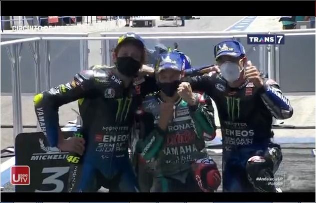Pose trio Yamaha yang mengisi podium di seri Andalusia (26/7). Gambar: Motogp/Trans7/Useetv
