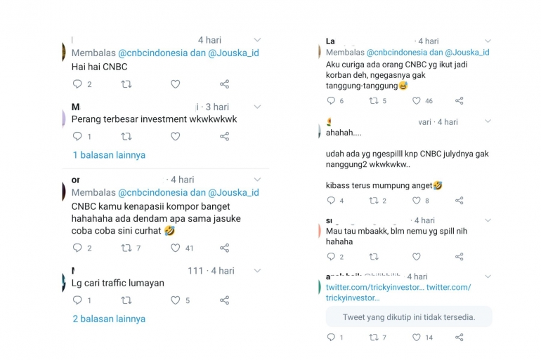 (Cuitan warganet terkait pemberitaan CNBC Indonesia atas Jouska pada 24 Juli 2020)/tangkapan layar pribadi