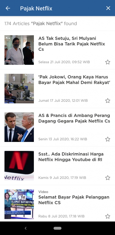 (Tangkapan layar hasil pencarian Pajak Netflix sampai tanggal 28 Juli 2020 di kolom pencarian Aplikasi CNBC Indonesia)