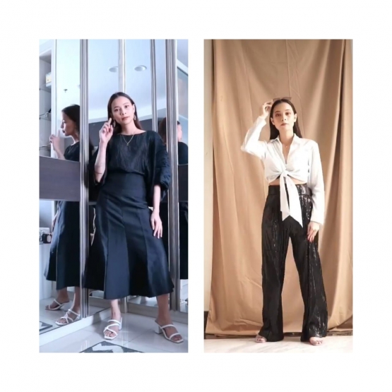 Penggunaan blouse batwing (sebelah kiri) dengan dimasukan ke dalam membuat tampilan catchy dan kemeja kebesaran pun bisa juga dijadikan crop tee (gambar sebelah kiri) (Screenshoot pribadi dari Instagram Chianty Gunawan)
