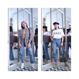 Celana jeans dapat dipadukan dengan blazer (Sebelah kiri) maupun kaos polos maupun motif (sebelah kanan) (Screenshoot pribadi dari Instagram Chianty Gunawan)