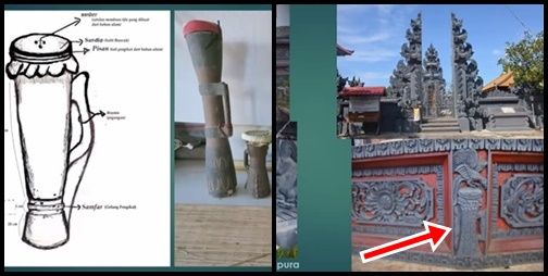 Tifa dan ragam ukurannya (kiri); relief tifa di dinding pura (kanan)/Dok. Pak Wayan