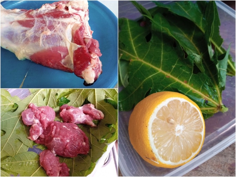 Daging kambing diperam dengan daun pepaya dan air lemon sebelum diolah (Dokumentasi Pribadi)