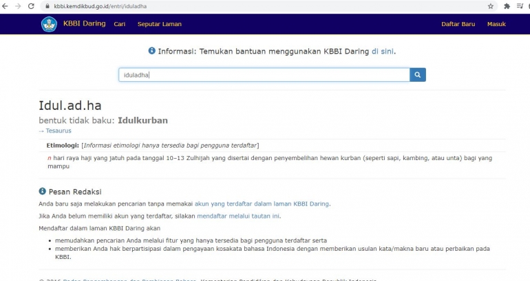 Penelusuran Iduladha di KBBI. Sumber: laman KBBI.