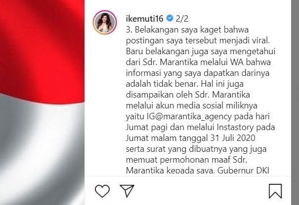 Capture postingan permohonan maaf Ike Muti - Sumber Foto: instagram.com/ikemuti16