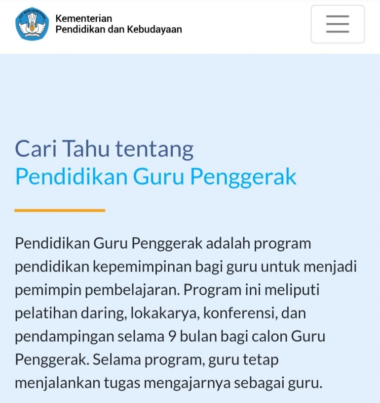 Keterangan tentang Diklat Guru Penggerak yang akan dilalui guru selama 9 bulan pada menu Program Organisasi Penggerak pada akun PKB. Dokpri