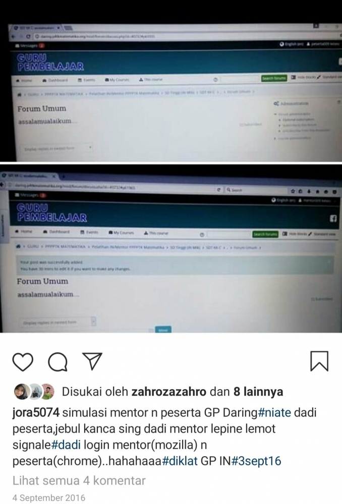 Praktek simulasi menjadi admin dan peserta saat Diklat IN 2016. Screenshot dari IG saya. Dokpri