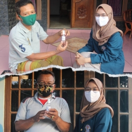 Pembagian hand sanitizer kepada warga sekitar wilayah Jekulo Karang RT 02 RW 07