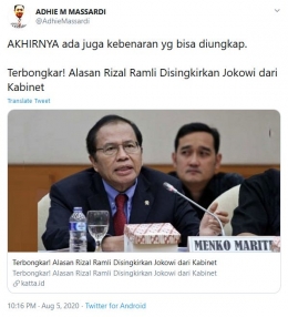 Tangkapan layar cuitan@AdhieMassardi tentang alasan Rizal Ramli disingkirkan Jokowi, 05/ 08/ 2020 (twitter.com).