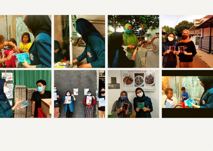 Mahasiswa KKN Undip sedang melakukan sosialisasi dan membagikan masker gratis kepada Masyarakat. Dokumentasi pribadi.