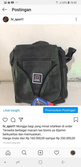 (Bukti pemasaran produk tas secara online melalui media sosial Instagram dari Pelaku Usaha Konveksi Tas Bisnis 