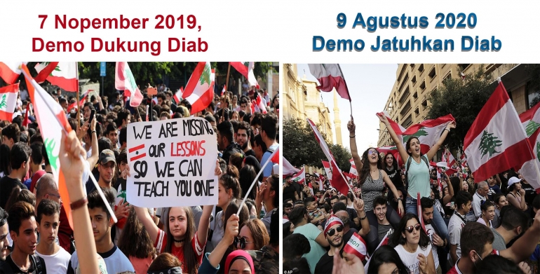 Gambar kiri : Demo [ada 7 Nopember 2019 mendukung Hassan Diab. Sumber : TRTWorld.com. Gambar kanan : Demo menjatuhkan Diab pada 9 Agustus 2020. Sumber:Dailymail.com. Digabung oleh Penulis