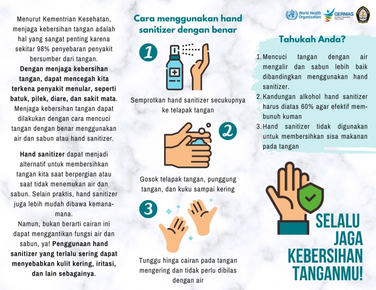 Gambar 1. Leaflet mengenai "Pentingnya Menjaga Kebersihan Tangan serta Cara Pembuatan dan Cara Penggunaan Hand Sanitizer"/Ilustrasi pribadi. Sumber informasi: WHO