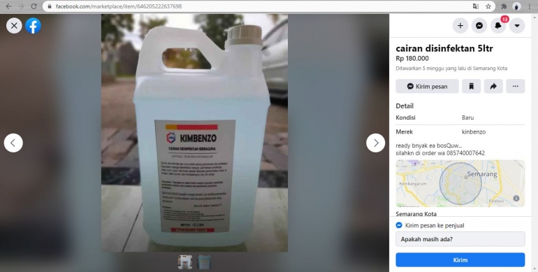Disinfektan yang dijual warga Blimbing Raya di Facebook Marketplace