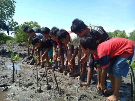 Anak orang Bajo didik untuk melestarikan mangrove melalui penanaman bibit mangrove di area-area yang masih terbuka (Doc.Umar Pasandre)