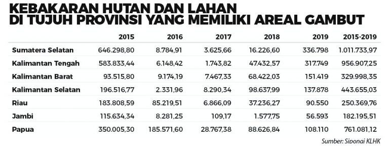 Data kebakaran hutan dan lahan di tujuh provinsi yang memiliki areal gambut. Foto bersumber dari KLHK.