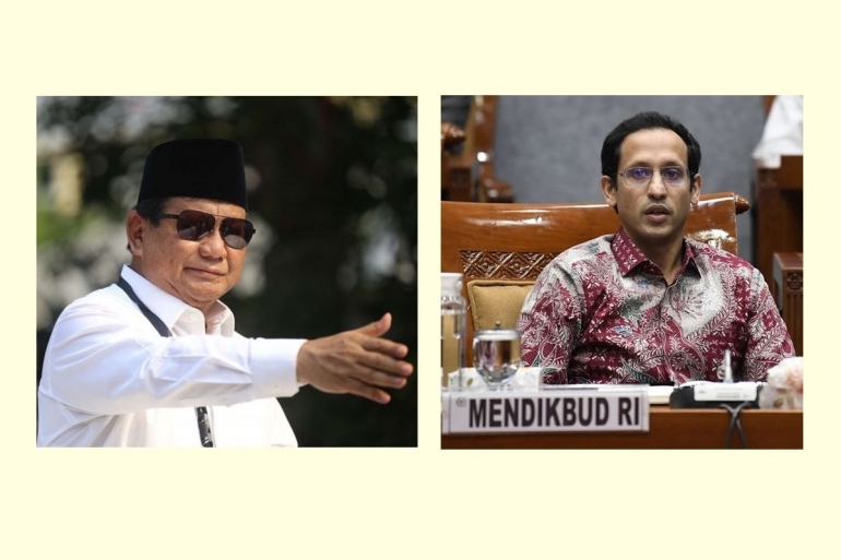 Menhan Prabowo Subianto dan Mendikbud Nadiem. KOMPAS.COM/Andreas Lukas Altobeli/ANTARA/Puspa Perwitasari