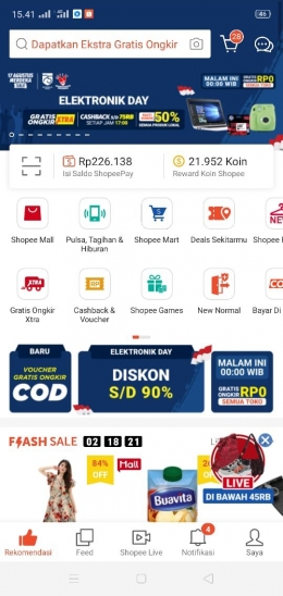 Tampilan layar utama Shopee. Sumber: hasil screenshot pribadi