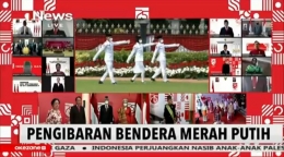 Pengibaran bendera merah putih di istana negara, 17 Agustus 2020. Screenshot live streaming Official INews. Dokpri