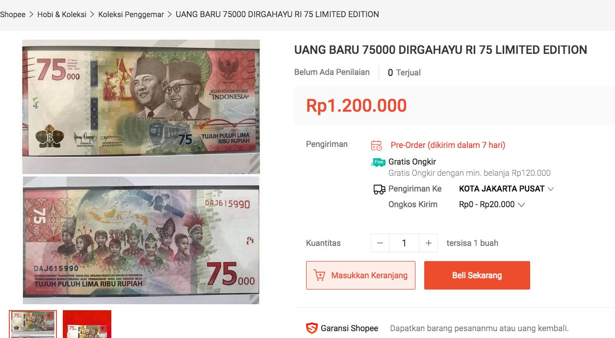 Baru sehari diterbitkan, Uang Peringatan Kemerdekaan 75 Tahun RI nominal Rp75.000 sudah muncul di Shopee dengan harga fantastis (foto: shopee.co.id).