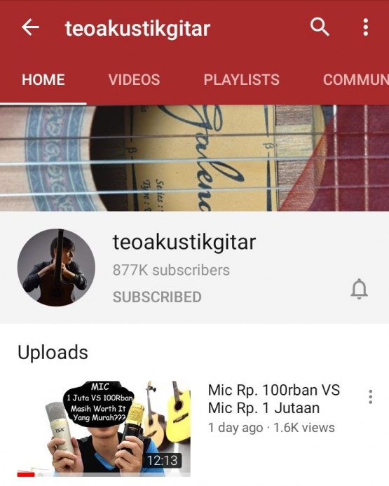 Screenshot laman channel YouTube teoakustikgitar | Dokumentasi Pribadi