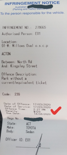 Contoh denda sebesar 123 $ akibat tidak beli tiket parkir (Sumber: Dokpri)