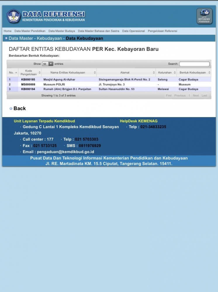 Tidak Ada Gedung Kejaksaan Agung sebagai CagaR Budaya di Kecamatan Kebayoran Baru berdasarkan website Kementerian Pendidikan & Kebudayaan|Tangkapan layar dokumentasi pribadi