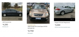 Honda Civic seharga Rp 42 juta (kiri), Honda CRV seharga Rp 27,5 juta (tengah), dan Peuget 307 seharga Rp 50 juta (kanan) (Sumber: gumtree)