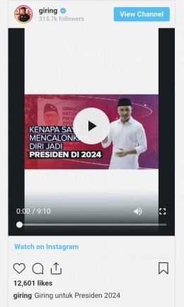 Tangkapan layar unggahan video Giring mencalonkan diri sebagai Presiden RI. Sumber: screenshot Instagram Giring Ganesha