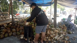 Seorang penjual kelapa sedang mengupas kelapa. dokpri