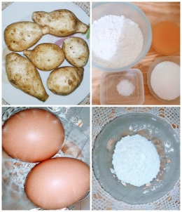 Bahan-bahan Kue Lumpur : Ubi putih, Tepung terigu, mentega yang telah dicairkan, gula, garam, susu bubuk, telur (dokpri)
