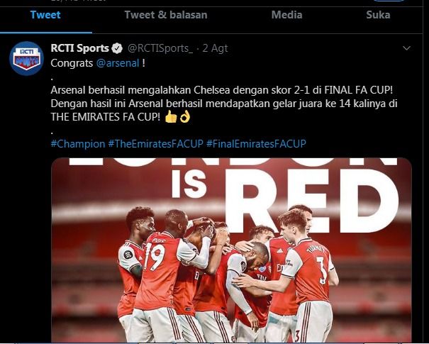 Tweet terkini (sampai tulisan ini dibuat) di akun resmi yang mengabarkan tentang siaran bola di RCTI. Gambar: Twitter/RCTIsports_