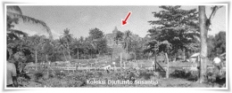 Kondisi pembongkaran di area Candi Borobudur pada 1985. Tanda panah menunjukkan Candi Borobudur (koleksi pribadi)
