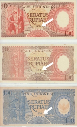 Uang Rp 100 Seri Pekerja dalam tiga tampilan (koleksi pribadi)