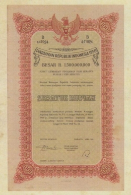 Obligasi negara 1950 (Foto: Buku Oeang Noesantara)