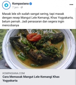 Screen Shoot Artikel Mangut Lele yang diunggah di FB Kompasiana