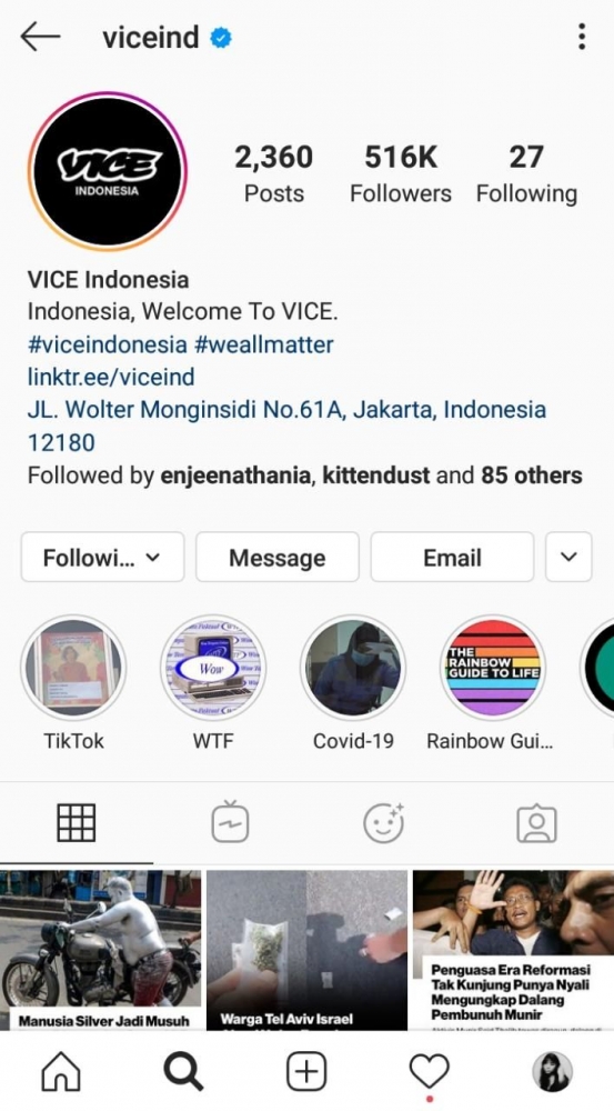Gambar 2. Laman Utama Instagram VICE Indonesia via Instagram @viceind. 