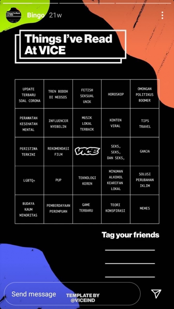 Gambar 3. Permainan Interaktif Bingo pada Instagram VICE Indonesia via Instagram @viceind. 