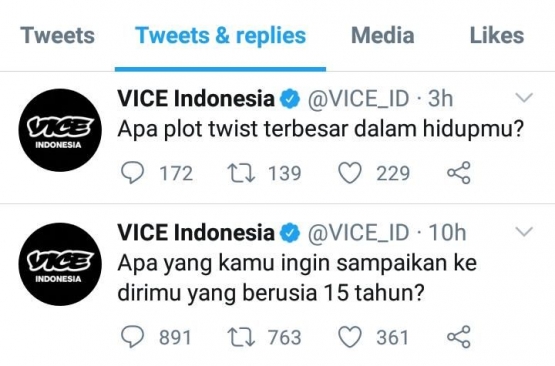 Gambar 4. Contoh unggahan Twitter VICE Indonesia via Twitter. 