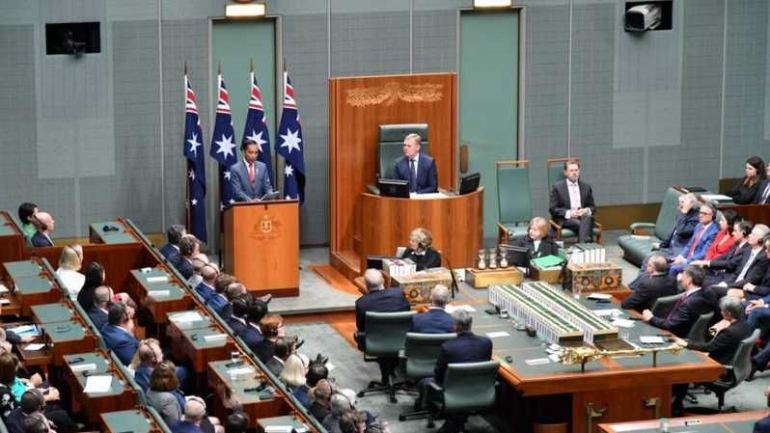 Presiden Joko Widodo berpidato dihadapan Parlemen Australia. Foto: Setpres