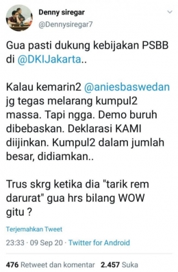 Screenshoot twitter Denny Siregar kritik dan kritisi seperti Rocky Gerung Bagi Anies Baswedan pada 9 September 2020