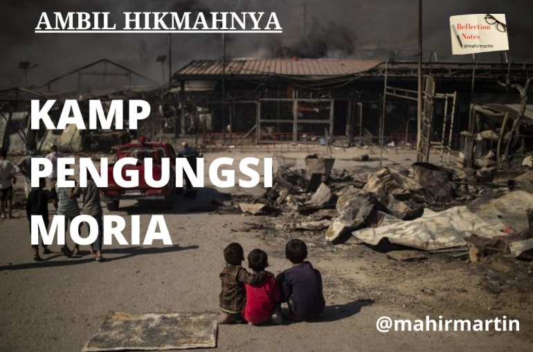 Kamp Pengungsi Moria Terbakar (ANGELOS TZORTZINIS / AFP via kompas.com, gambar sudah diolah)