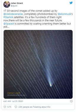 Tweet Julien Girard atas gambar Komet Neowise Juli 2020 yang direkam oleh Dainel Lopez. 